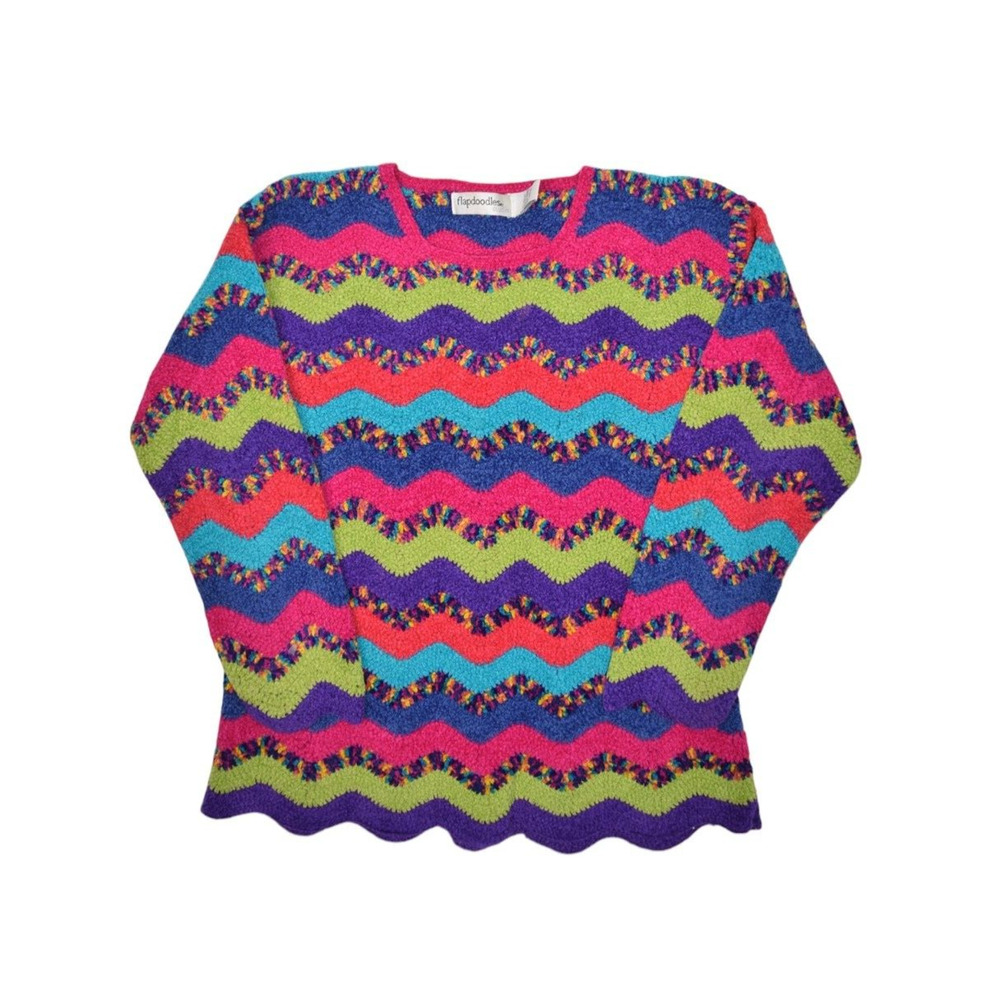 Vintage Flapdoodles Sweater Womens S Striped Multicolor Wavy Scallop Crewneck